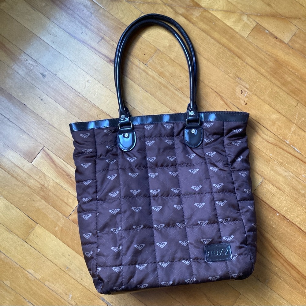 Roxy Brown Quilted Tote with Heart Print